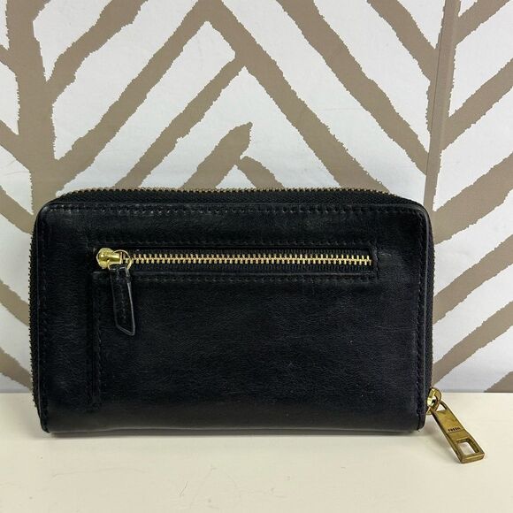 Fossil Black Leather Zip Around Wallet with Brass Hardware - Picture 2 of 6
